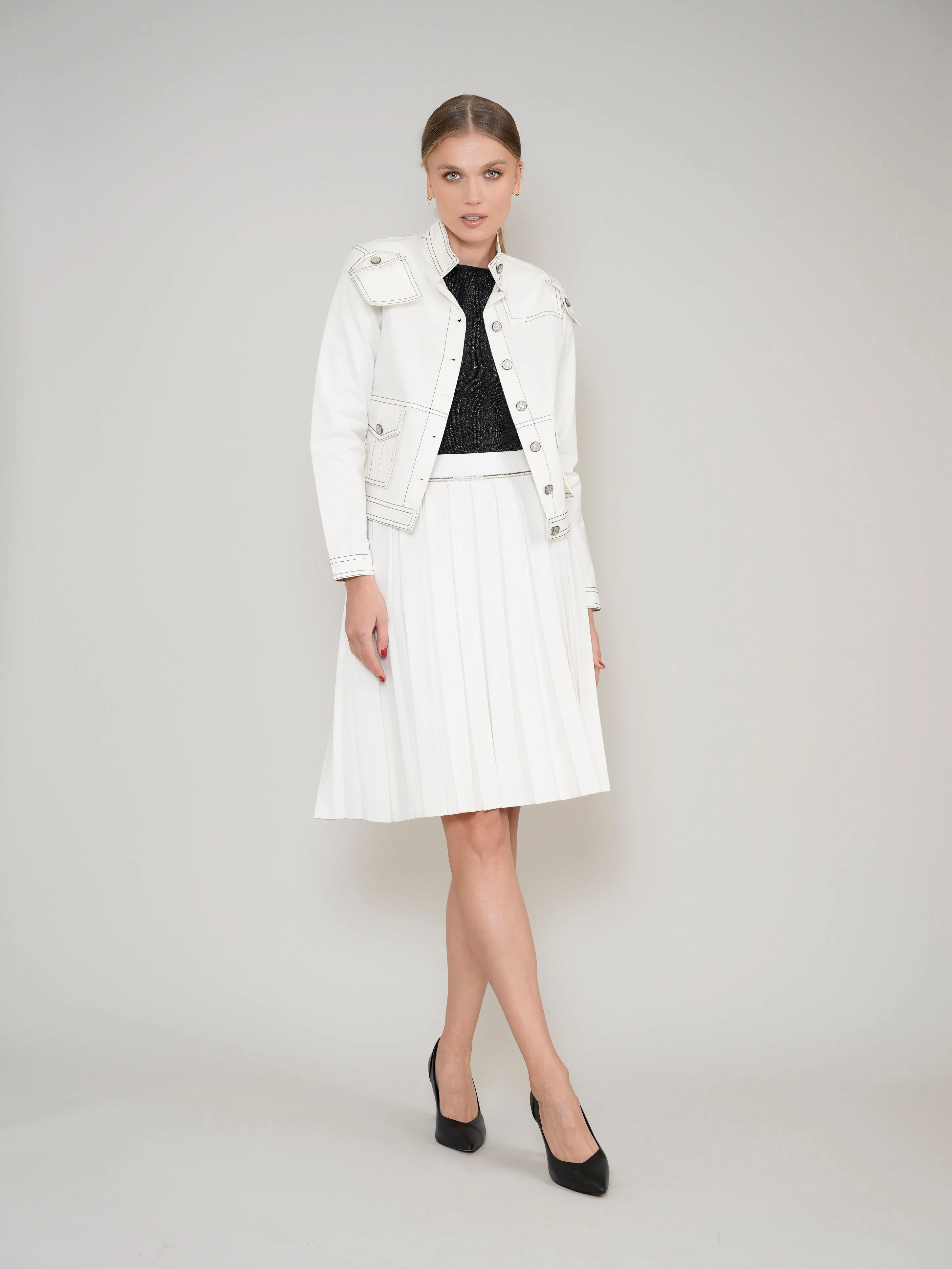 White Knit Pleated Tennis Skirt With Aleeza Strip