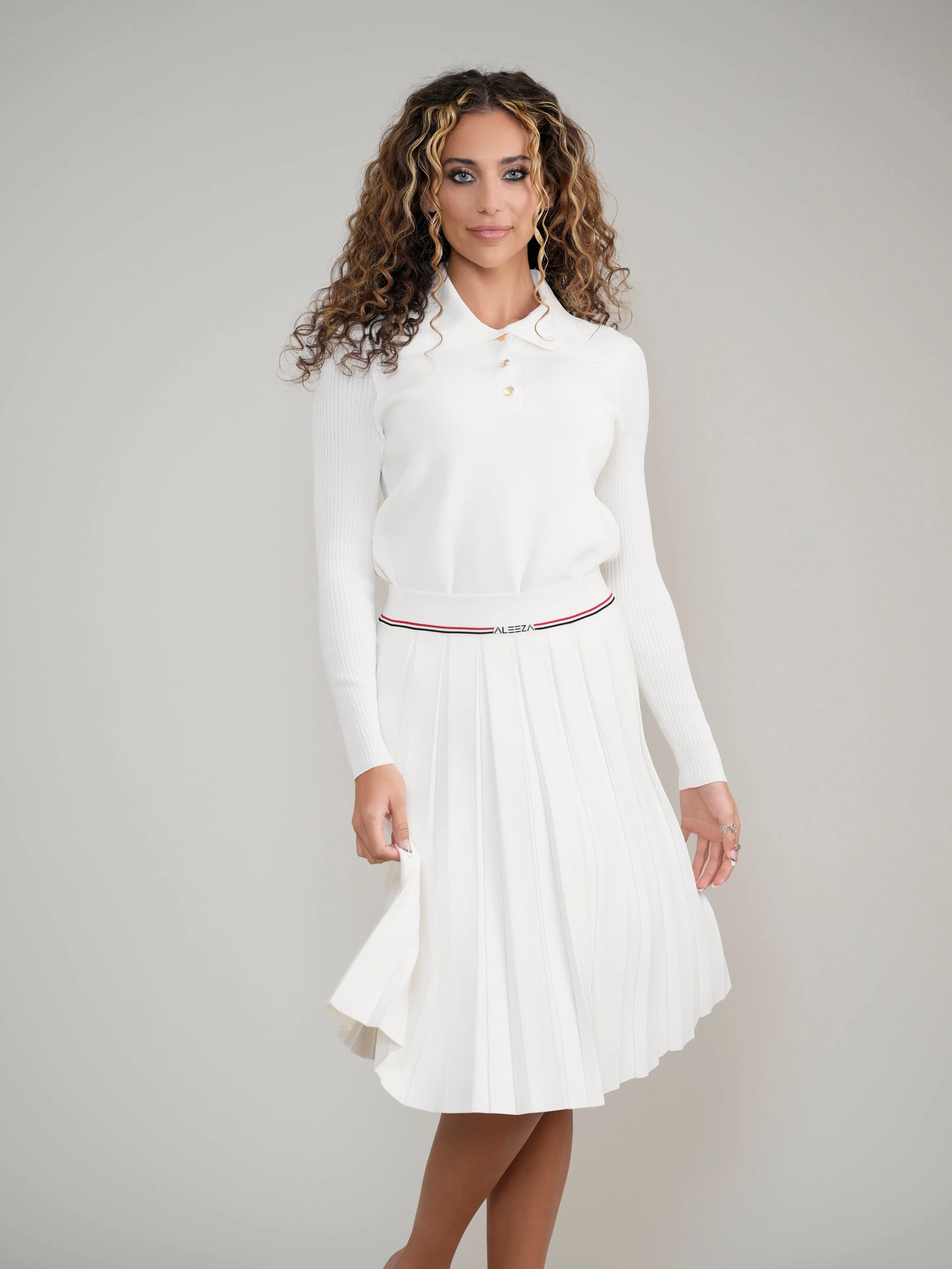 White Knit Pleated Tennis Skirt With Aleeza Strip