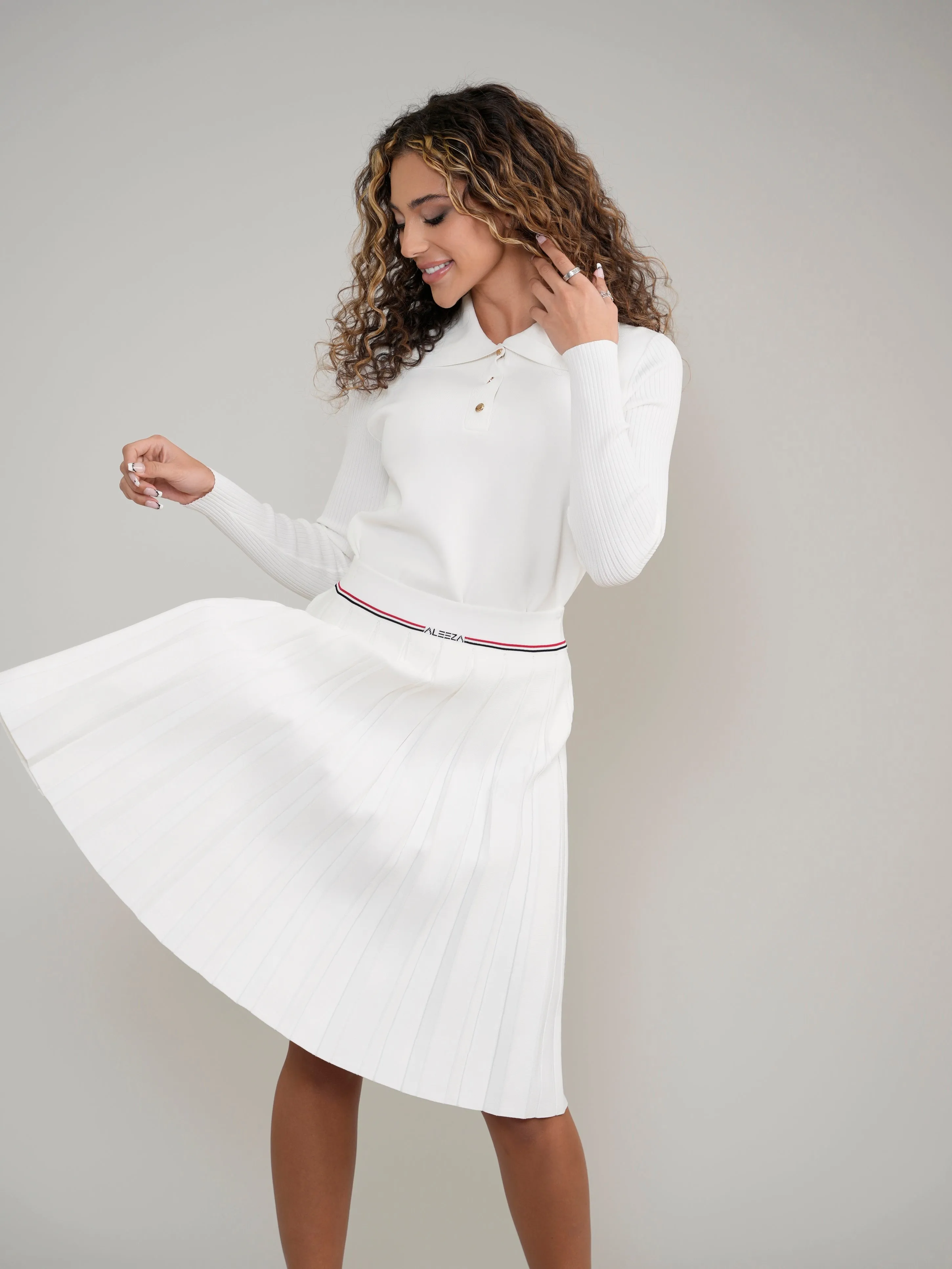 White Knit Pleated Tennis Skirt With Aleeza Strip