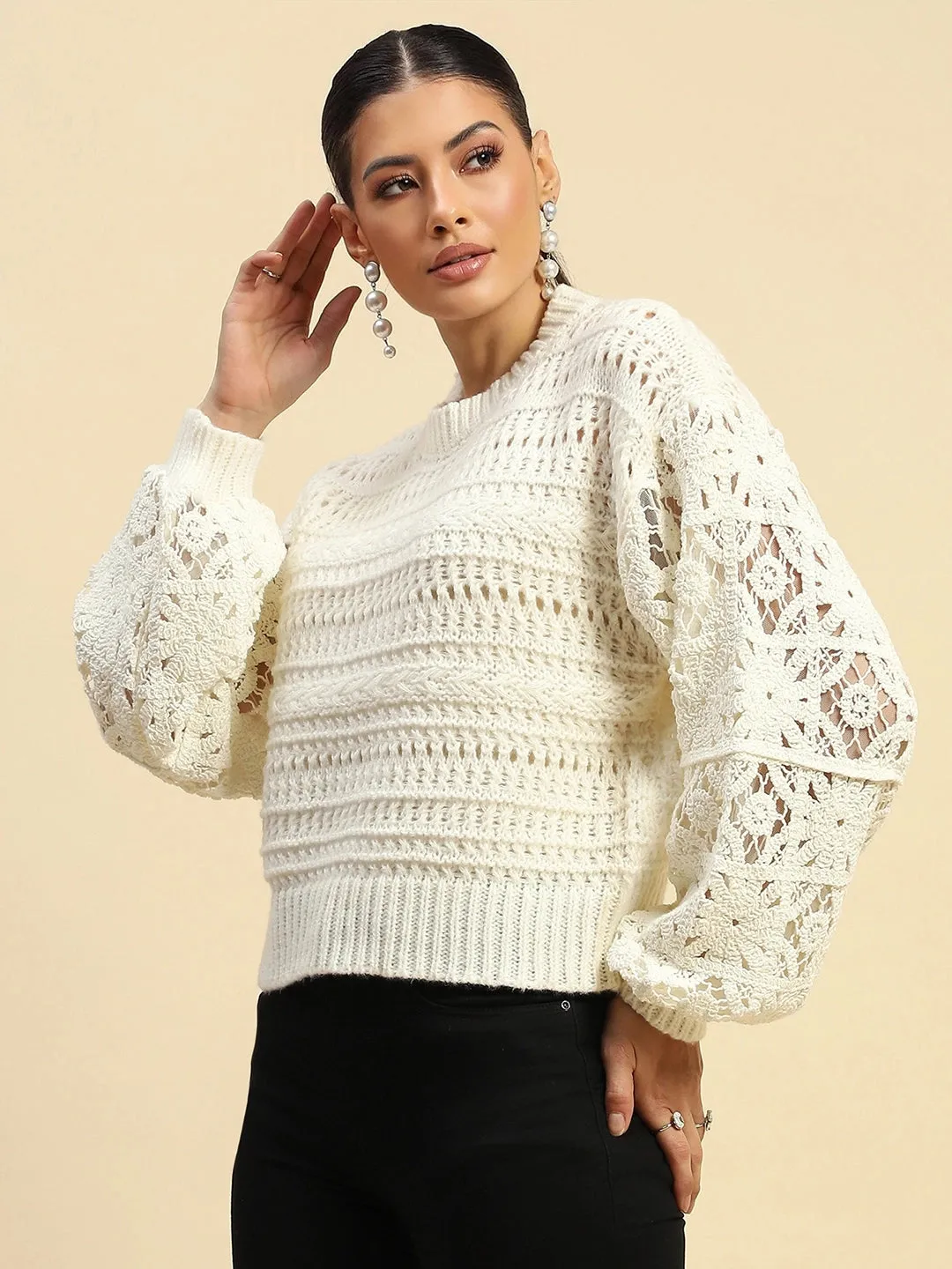 White Poly Blend Loose Fit Pullover For Women