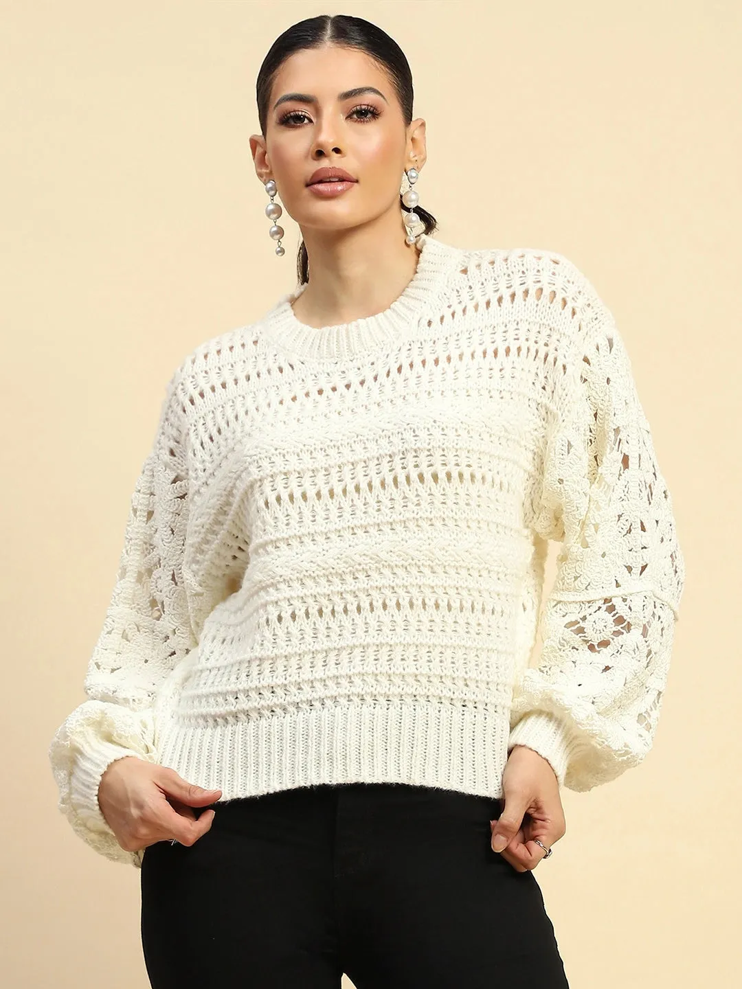 White Poly Blend Loose Fit Pullover For Women