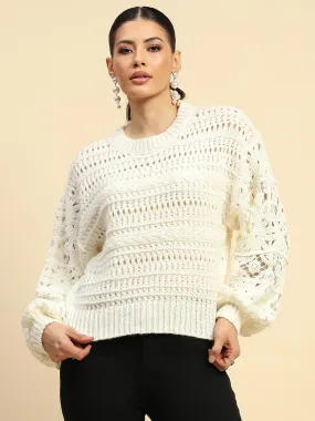 White Poly Blend Loose Fit Pullover For Women