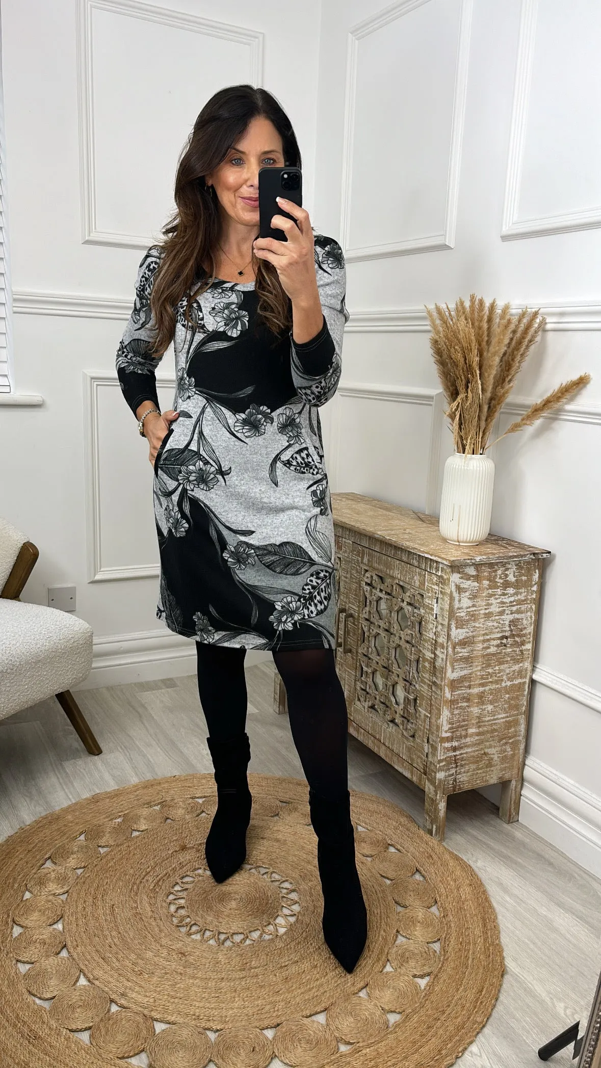 Wilma Grey Floral Shift Mini Dress