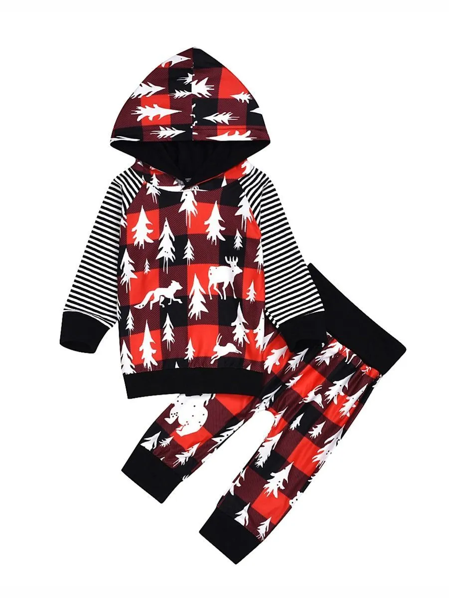 Winter Toddler Unisex Baby 2 Piece Christmas Tree Deer Print Outfit Hoodie and Pants