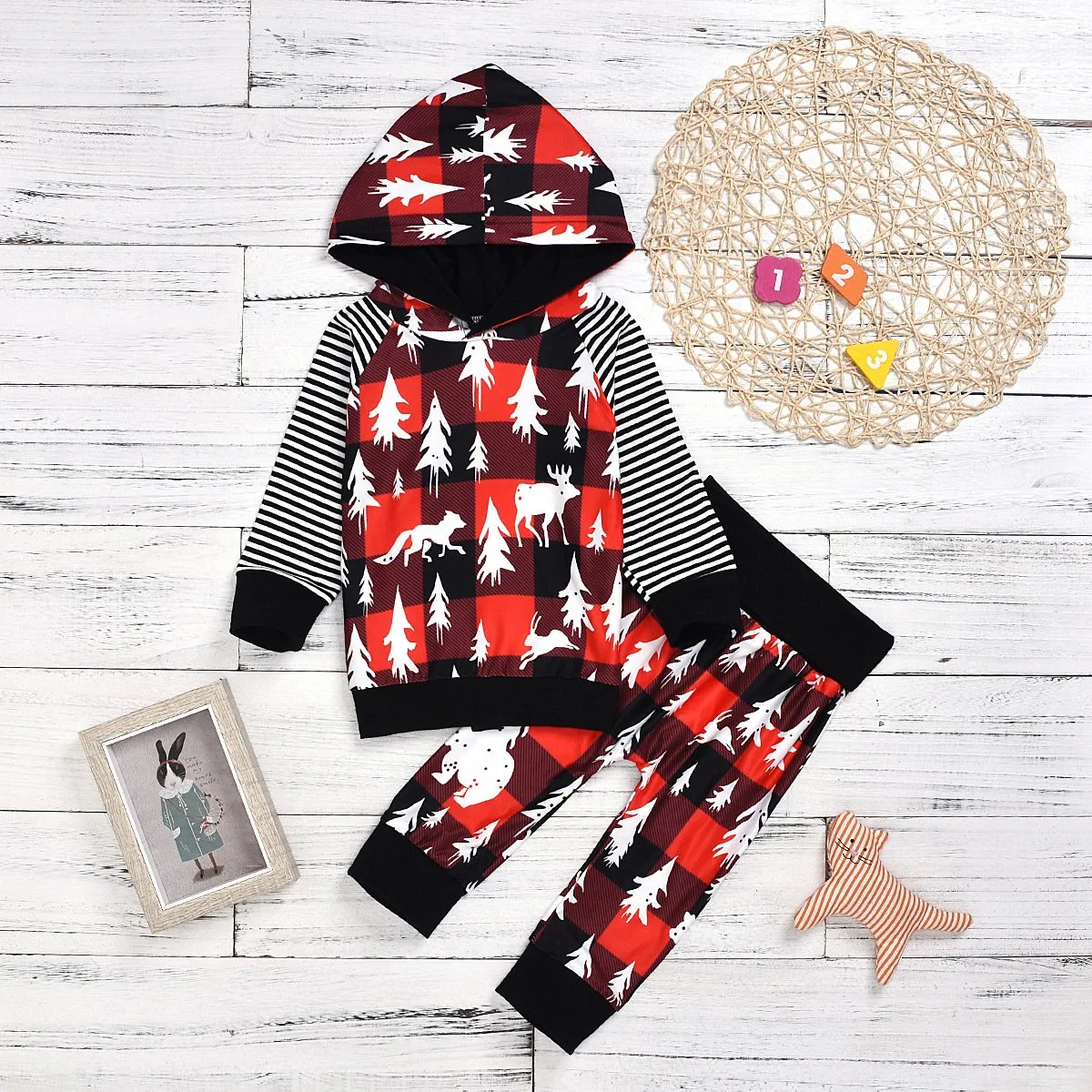 Winter Toddler Unisex Baby 2 Piece Christmas Tree Deer Print Outfit Hoodie and Pants