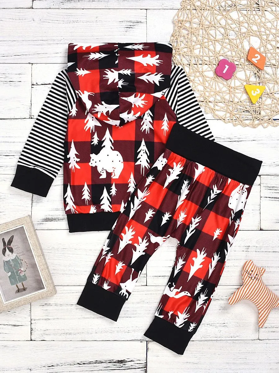 Winter Toddler Unisex Baby 2 Piece Christmas Tree Deer Print Outfit Hoodie and Pants