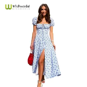 WISHWORLD Puff Sleeve Drawsstring Closure High Slit Dress