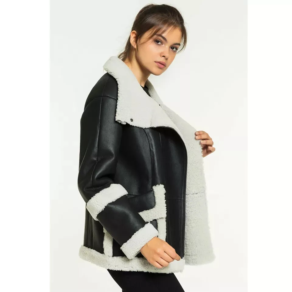 Women’s Black Leather White Shearling Big Fur Collar Coat