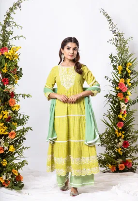 Womens Cotton Lemon Green Tiered Kurta Palazzo and Dupatta Set