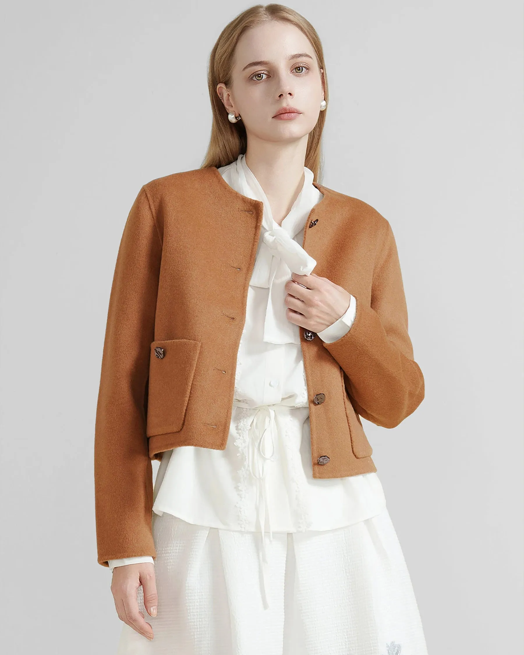 Women's Double Faced Wool Cropped Jacket Round Collar