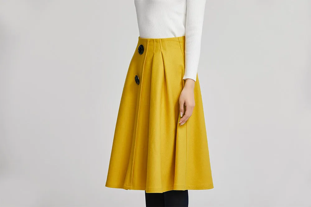 Yellow knee length pleated coat for women with high waist 2260