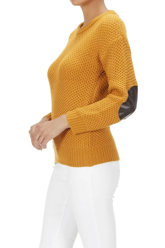 Yemak Women's Long Sleeve Honeycomb Stitch Sweater Top with Leather Patches MK3354