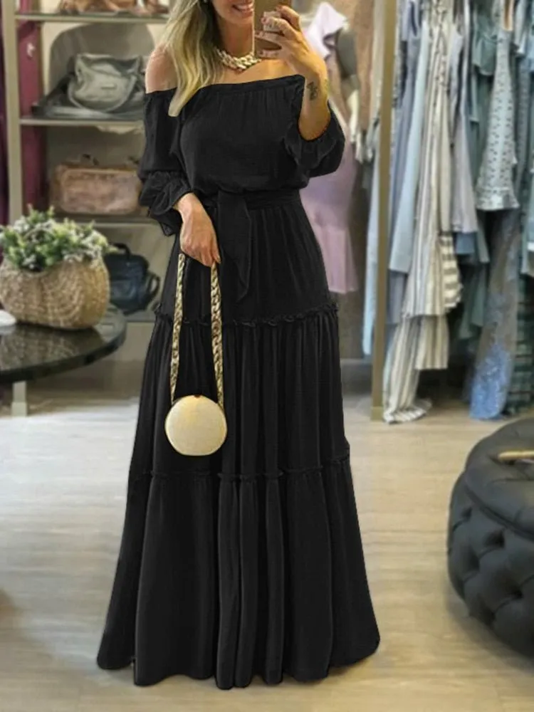 ZANZEA Off Shoulder Ruffle Belted Long Maxi Dress