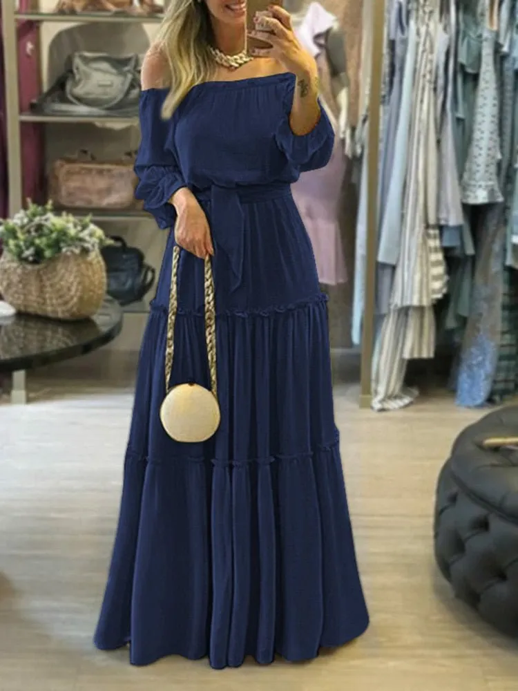 ZANZEA Off Shoulder Ruffle Belted Long Maxi Dress