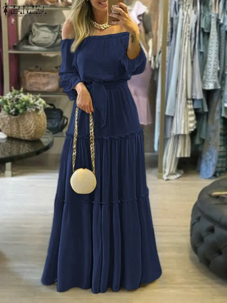 ZANZEA Off Shoulder Ruffle Belted Long Maxi Dress