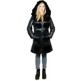 Zooloo Women's Leather Puffer Coat with Fox Trim